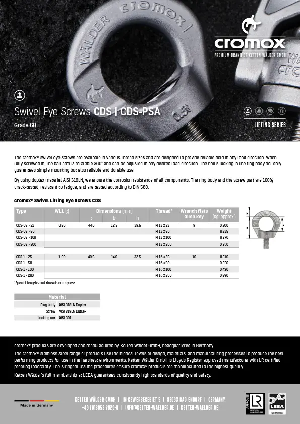 cromox® Swivel Eye Screws CDS | CDS-PSA