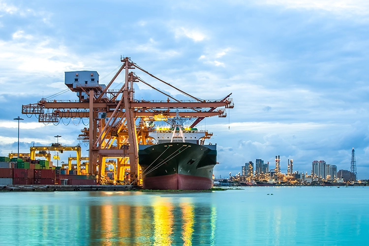 port avec un grand porte-conteneurs ancré au large