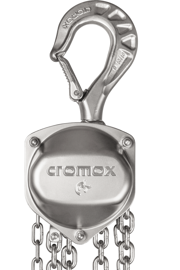 Palans et chariots en acier inoxydable avec crochets Cromox® en détail